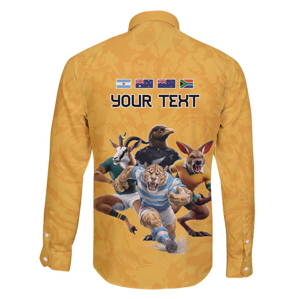 Custom Rugby Southern Hemisphere Family Matching Short Sleeve Bodycon Dress and Hawaiian Shirt Argentina AUNZ South Africa Mascot Gold - Polynesian Pride