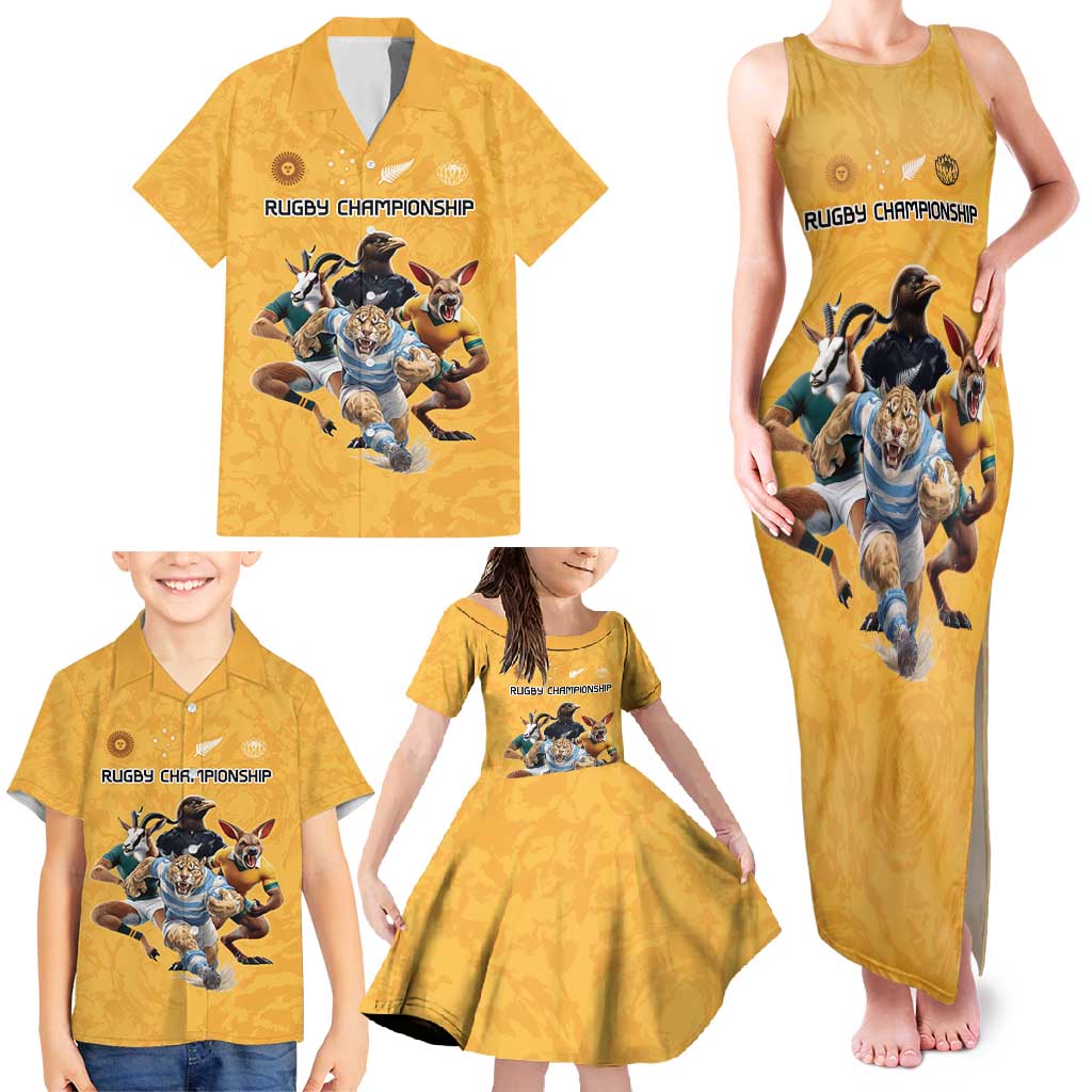 Custom Rugby Southern Hemisphere Family Matching Tank Maxi Dress and Hawaiian Shirt Argentina AUNZ South Africa Mascot Gold - Polynesian Pride