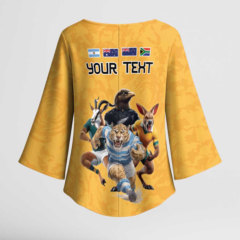 Custom Rugby Southern Hemisphere Kimono Sleeve Blouse Argentina AUNZ South Africa Mascot Gold - Polynesian Pride