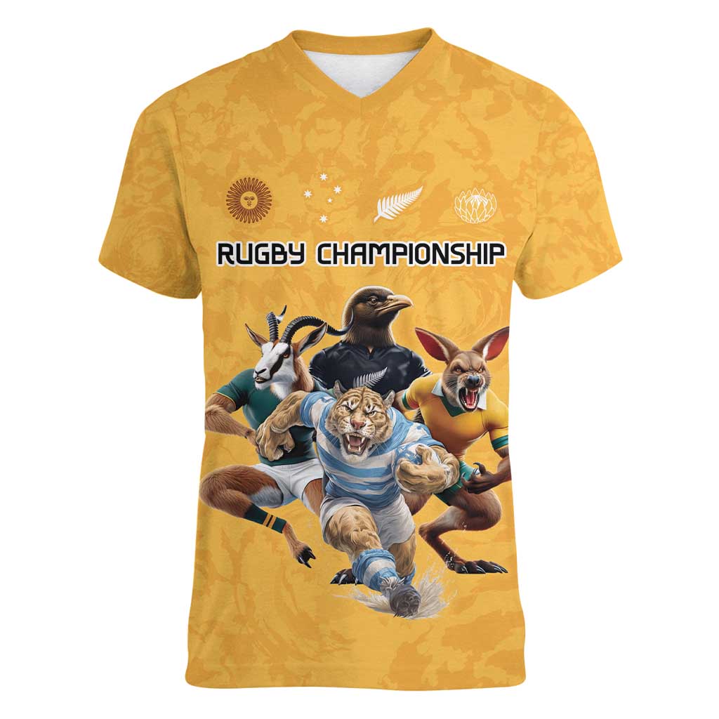 Custom Rugby Southern Hemisphere Women V-Neck T-Shirt Argentina AUNZ South Africa Mascot Gold - Polynesian Pride