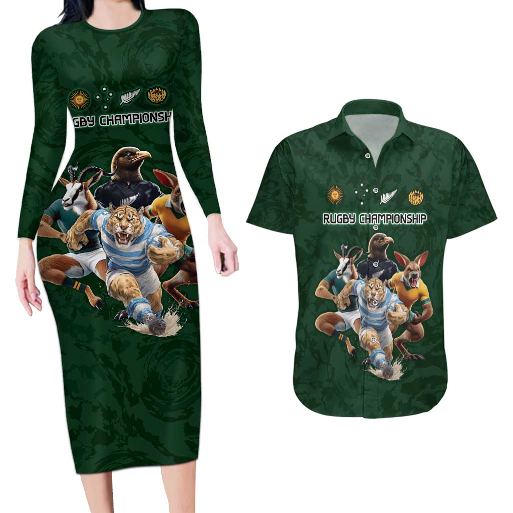 Custom Rugby Southern Hemisphere Couples Matching Long Sleeve Bodycon Dress and Hawaiian Shirt Argentina AUNZ South Africa Mascot Green - Polynesian Pride