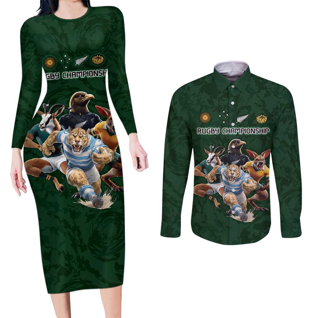 Custom Rugby Southern Hemisphere Couples Matching Long Sleeve Bodycon Dress and Long Sleeve Button Shirt Argentina AUNZ South Africa Mascot Green LT9 Green - Polynesian Pride