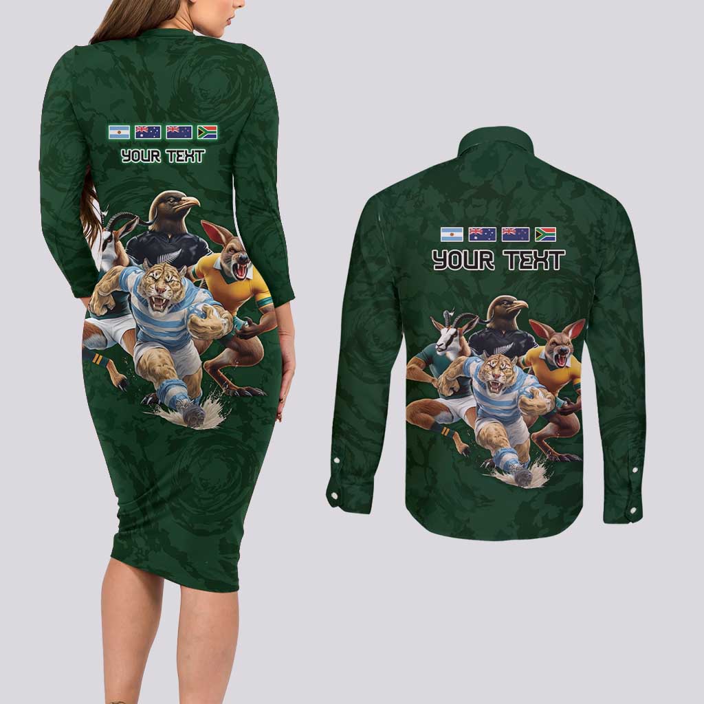 Custom Rugby Southern Hemisphere Couples Matching Long Sleeve Bodycon Dress and Long Sleeve Button Shirt Argentina AUNZ South Africa Mascot Green LT9 - Polynesian Pride