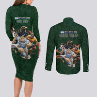 Custom Rugby Southern Hemisphere Couples Matching Long Sleeve Bodycon Dress and Long Sleeve Button Shirt Argentina AUNZ South Africa Mascot Green LT9 - Polynesian Pride