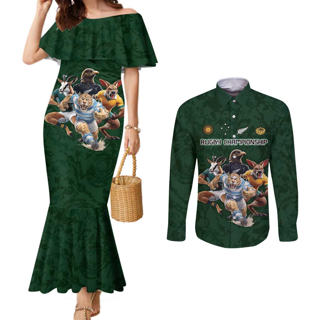 Custom Rugby Southern Hemisphere Couples Matching Mermaid Dress and Long Sleeve Button Shirt Argentina AUNZ South Africa Mascot Green LT9 Green - Polynesian Pride