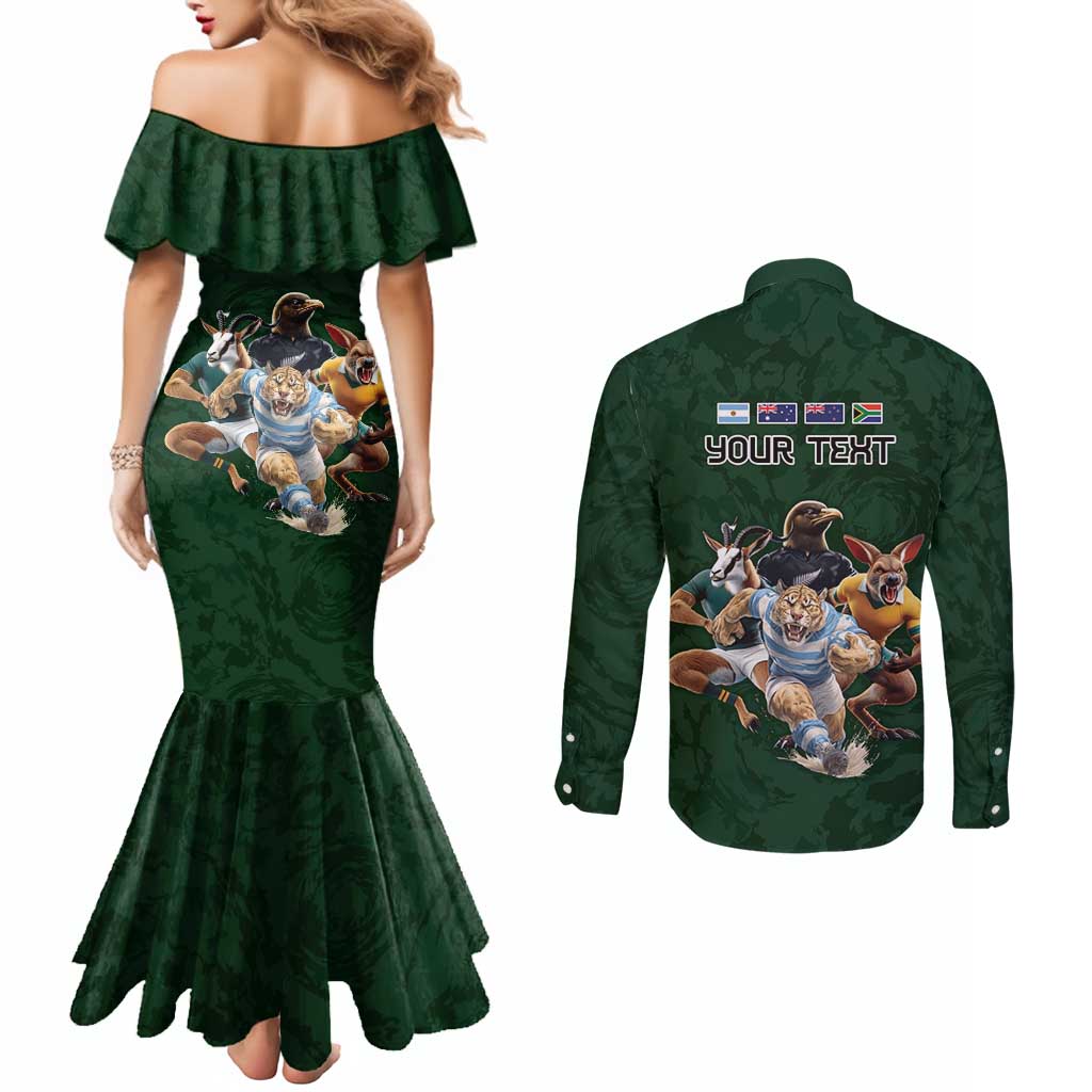 Custom Rugby Southern Hemisphere Couples Matching Mermaid Dress and Long Sleeve Button Shirt Argentina AUNZ South Africa Mascot Green LT9 - Polynesian Pride