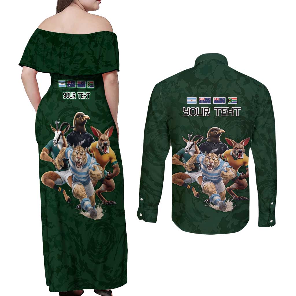 Custom Rugby Southern Hemisphere Couples Matching Off Shoulder Maxi Dress and Long Sleeve Button Shirt Argentina AUNZ South Africa Mascot Green LT9 - Polynesian Pride