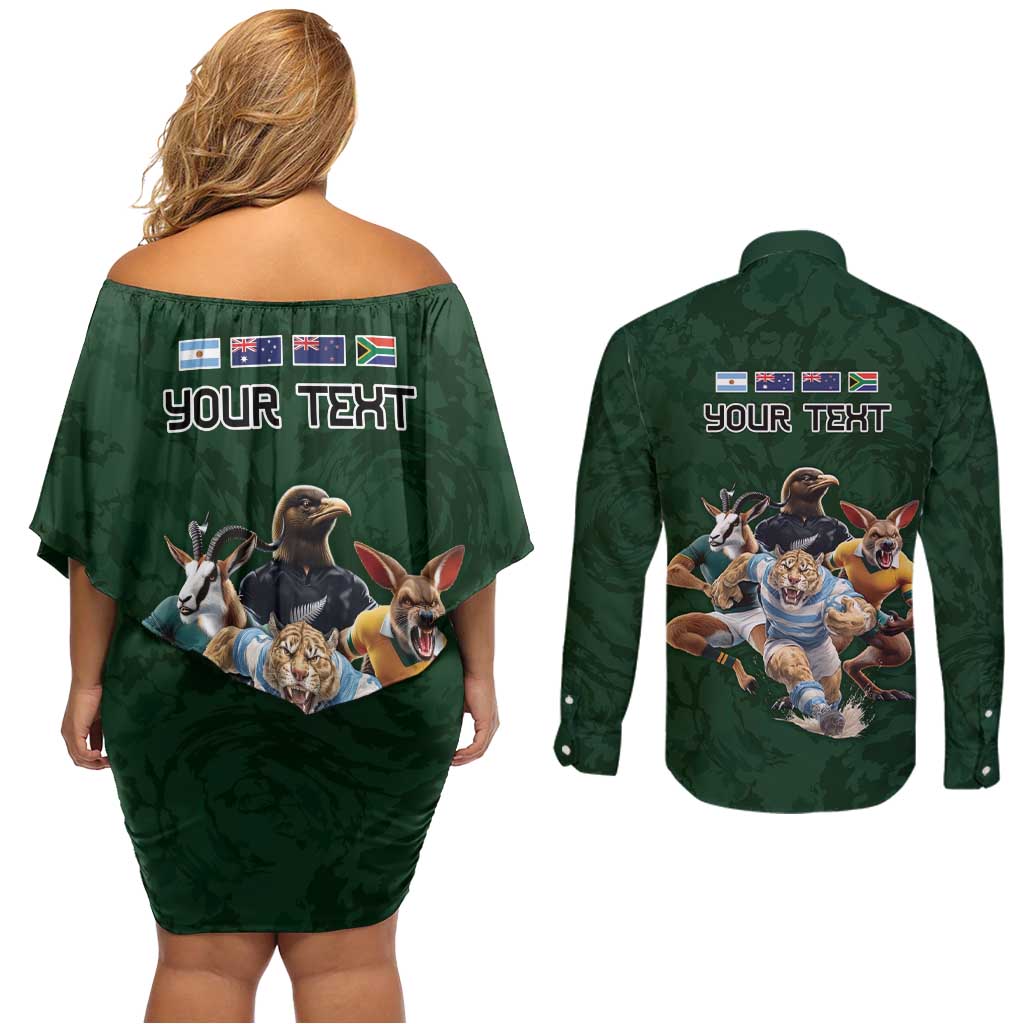 Custom Rugby Southern Hemisphere Couples Matching Off Shoulder Short Dress and Long Sleeve Button Shirt Argentina AUNZ South Africa Mascot Green LT9 - Polynesian Pride