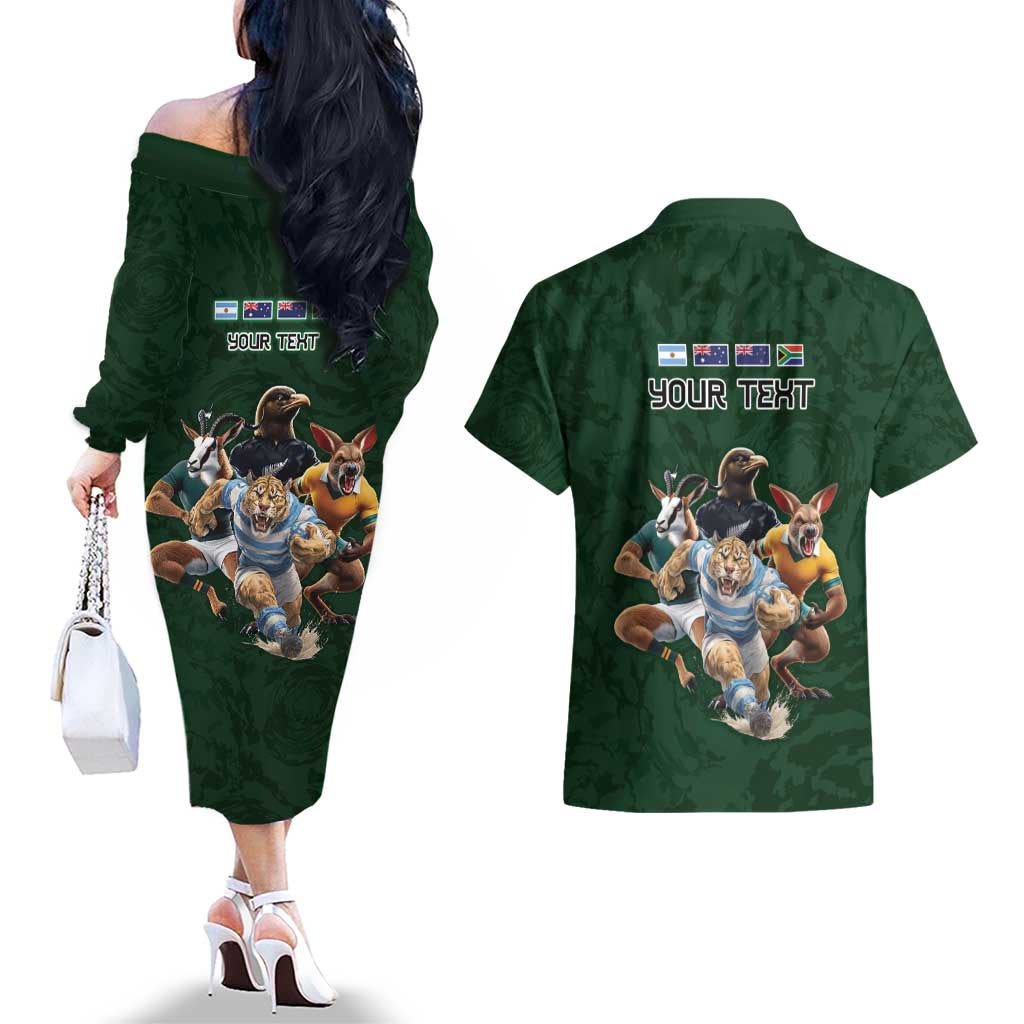 Custom Rugby Southern Hemisphere Couples Matching Off The Shoulder Long Sleeve Dress and Hawaiian Shirt Argentina AUNZ South Africa Mascot Green - Polynesian Pride