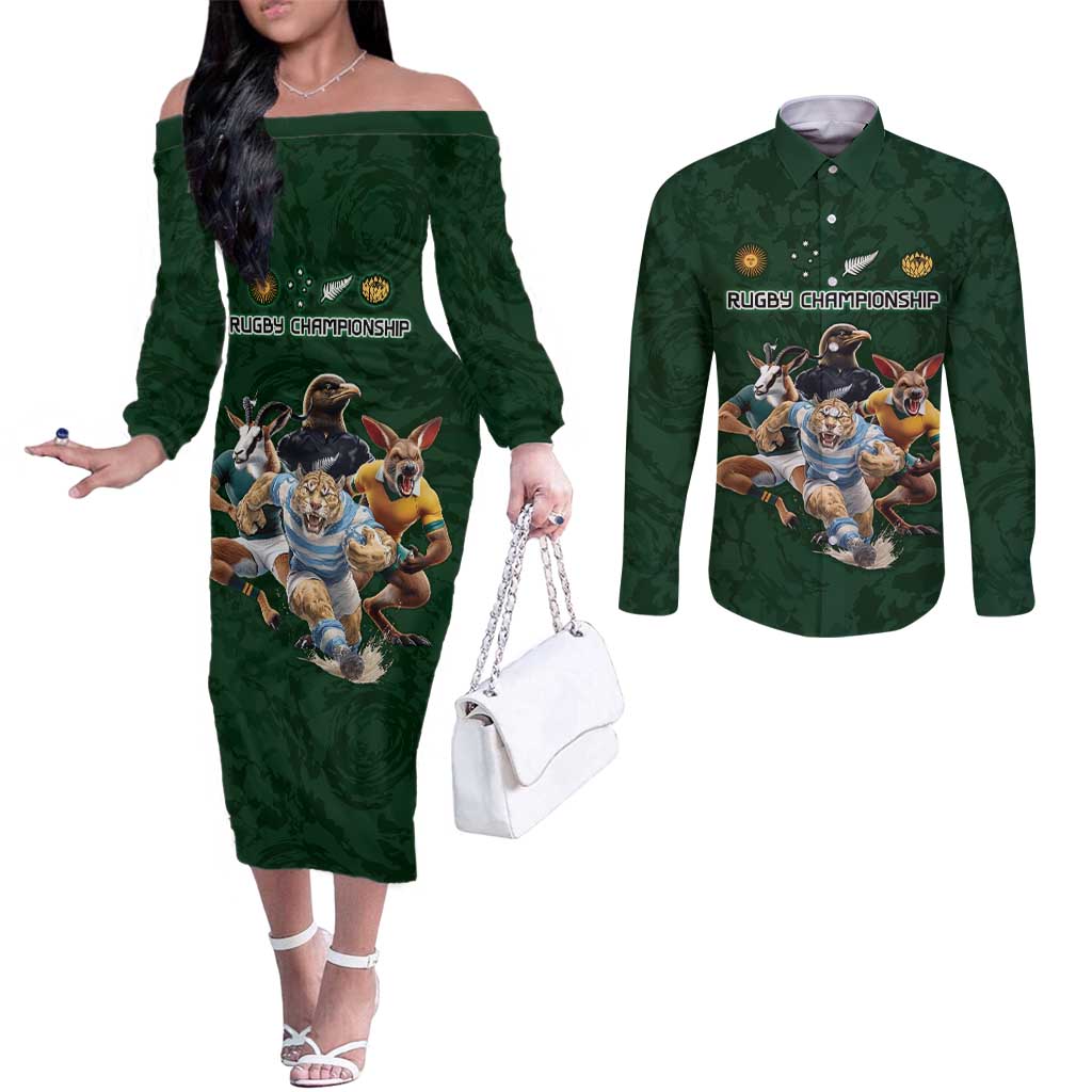 Custom Rugby Southern Hemisphere Couples Matching Off The Shoulder Long Sleeve Dress and Long Sleeve Button Shirt Argentina AUNZ South Africa Mascot Green LT9 Green - Polynesian Pride