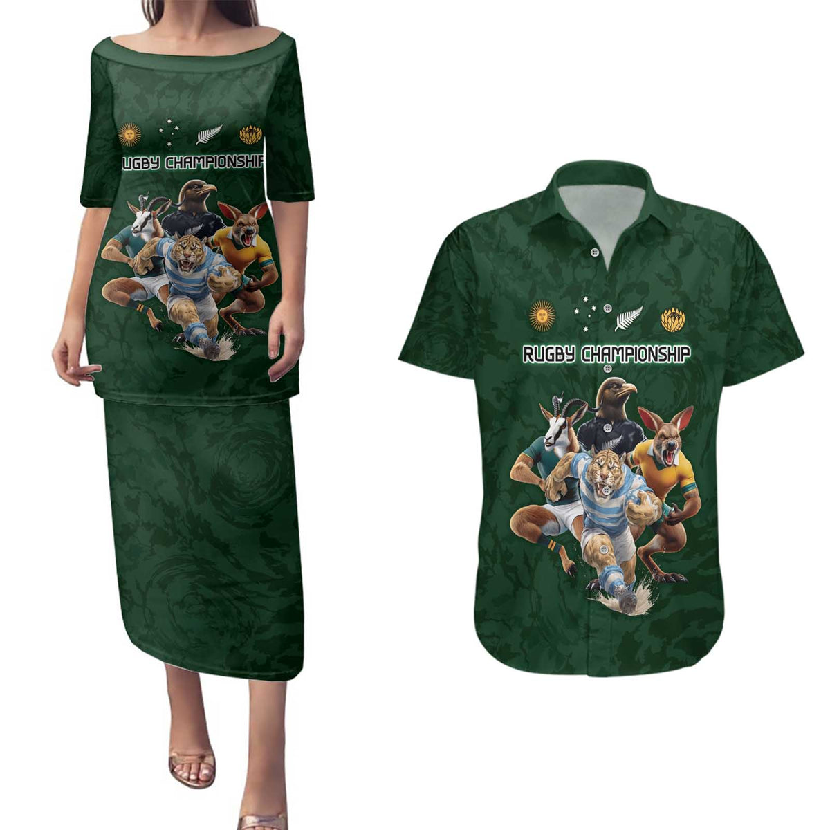 Custom Rugby Southern Hemisphere Couples Matching Puletasi and Hawaiian Shirt Argentina AUNZ South Africa Mascot Green LT9 Green - Polynesian Pride