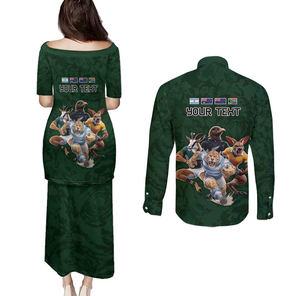 Custom Rugby Southern Hemisphere Couples Matching Puletasi and Long Sleeve Button Shirt Argentina AUNZ South Africa Mascot Green LT9 - Polynesian Pride