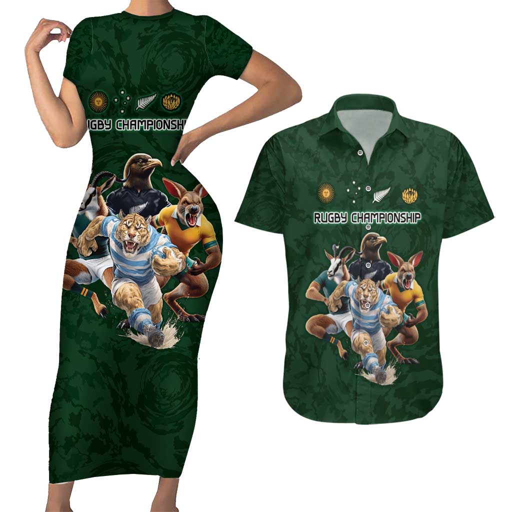 Custom Rugby Southern Hemisphere Couples Matching Short Sleeve Bodycon Dress and Hawaiian Shirt Argentina AUNZ South Africa Mascot Green - Polynesian Pride