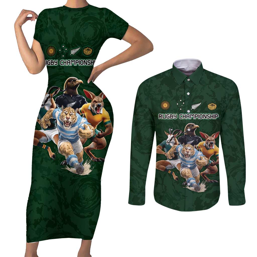 Custom Rugby Southern Hemisphere Couples Matching Short Sleeve Bodycon Dress and Long Sleeve Button Shirt Argentina AUNZ South Africa Mascot Green LT9 Green - Polynesian Pride