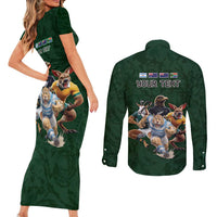 Custom Rugby Southern Hemisphere Couples Matching Short Sleeve Bodycon Dress and Long Sleeve Button Shirt Argentina AUNZ South Africa Mascot Green LT9 - Polynesian Pride