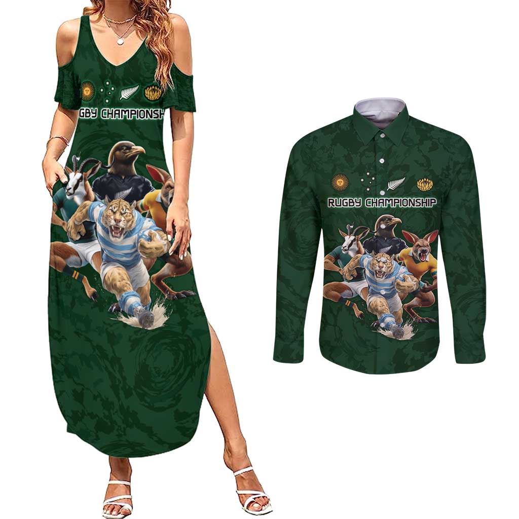 Custom Rugby Southern Hemisphere Couples Matching Summer Maxi Dress and Long Sleeve Button Shirt Argentina AUNZ South Africa Mascot Green LT9 Green - Polynesian Pride