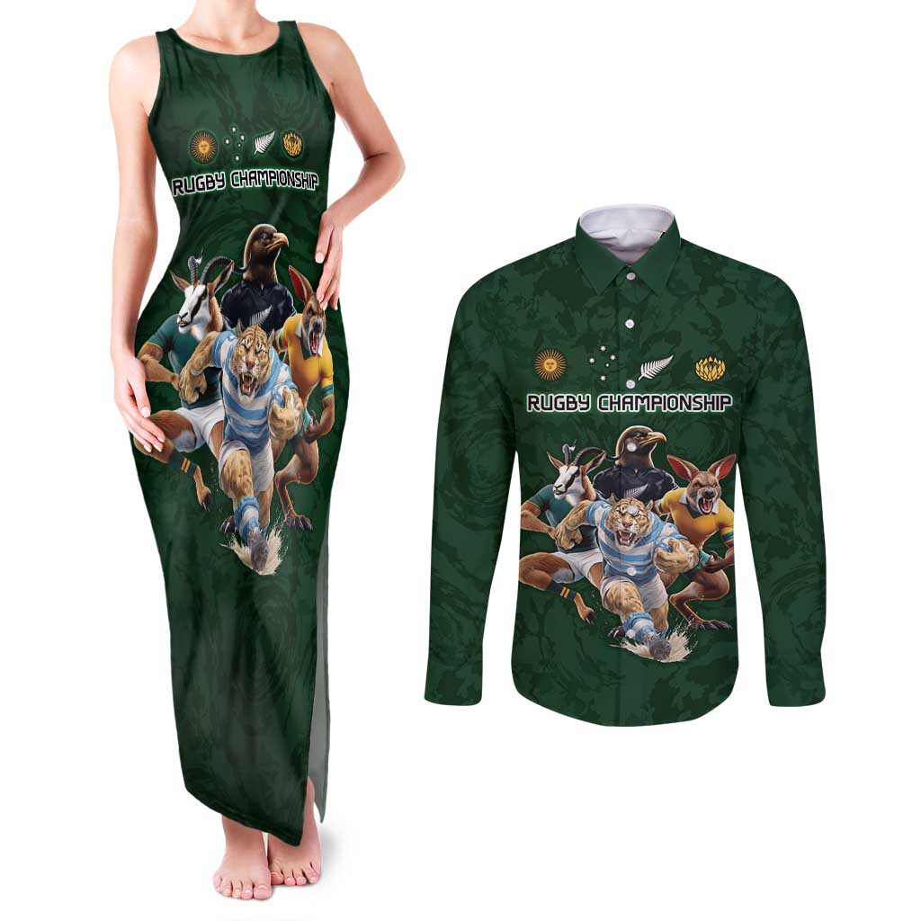 Custom Rugby Southern Hemisphere Couples Matching Tank Maxi Dress and Long Sleeve Button Shirt Argentina AUNZ South Africa Mascot Green LT9 Green - Polynesian Pride