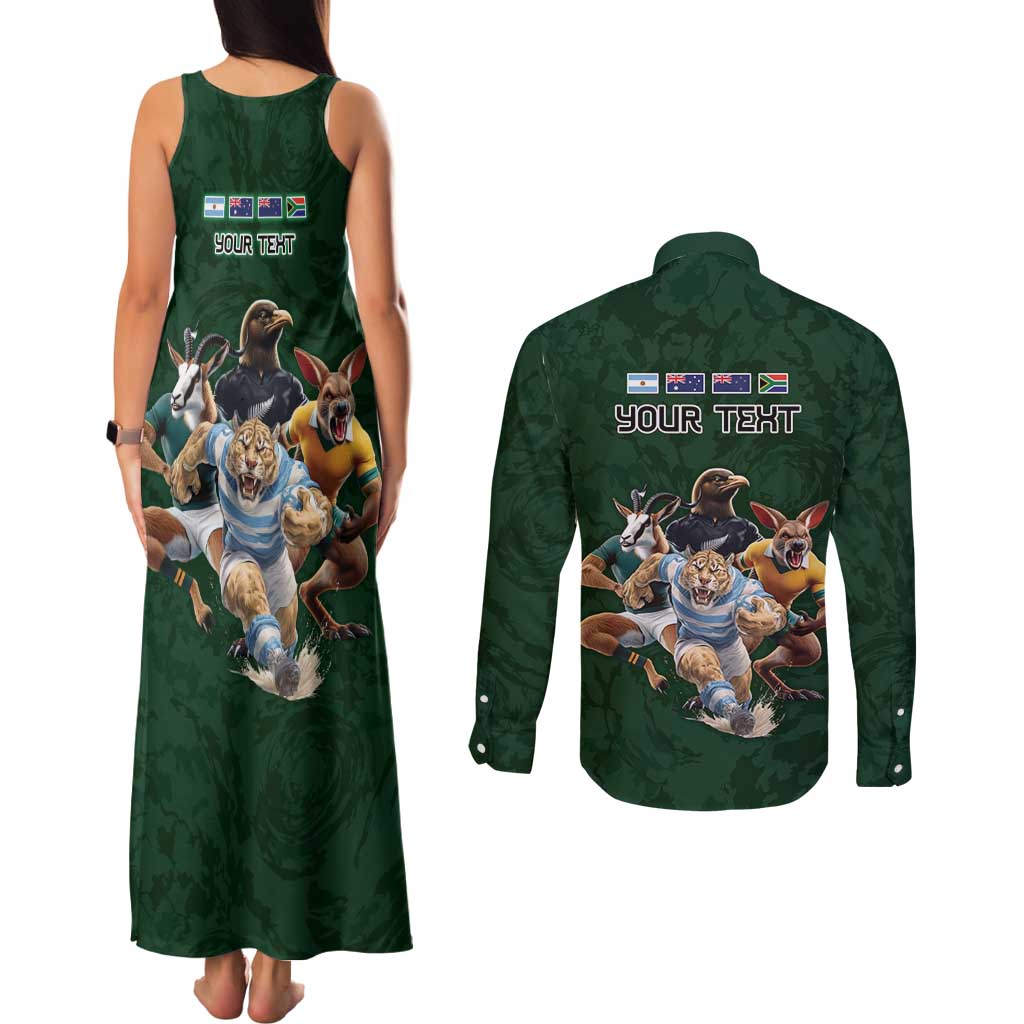 Custom Rugby Southern Hemisphere Couples Matching Tank Maxi Dress and Long Sleeve Button Shirt Argentina AUNZ South Africa Mascot Green LT9 - Polynesian Pride