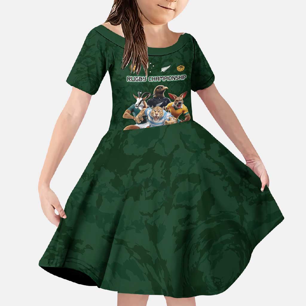 Custom Rugby Southern Hemisphere Family Matching Mermaid Dress and Hawaiian Shirt Argentina AUNZ South Africa Mascot Green LT9 Daughter's Dress Green - Polynesian Pride