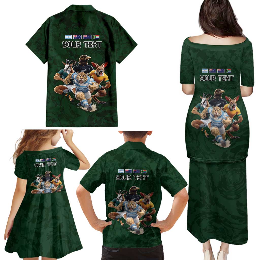 Custom Rugby Southern Hemisphere Family Matching Puletasi and Hawaiian Shirt Argentina AUNZ South Africa Mascot Green LT9 - Polynesian Pride