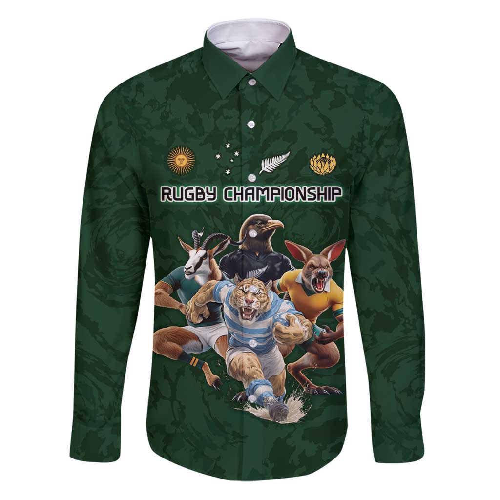 Custom Rugby Southern Hemisphere Family Matching Puletasi and Hawaiian Shirt Argentina AUNZ South Africa Mascot Green LT9 Dad's Shirt - Long Sleeve Green - Polynesian Pride