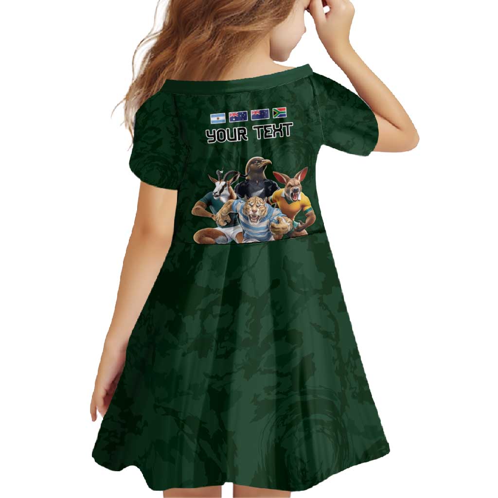 Custom Rugby Southern Hemisphere Family Matching Short Sleeve Bodycon Dress and Hawaiian Shirt Argentina AUNZ South Africa Mascot Green - Polynesian Pride