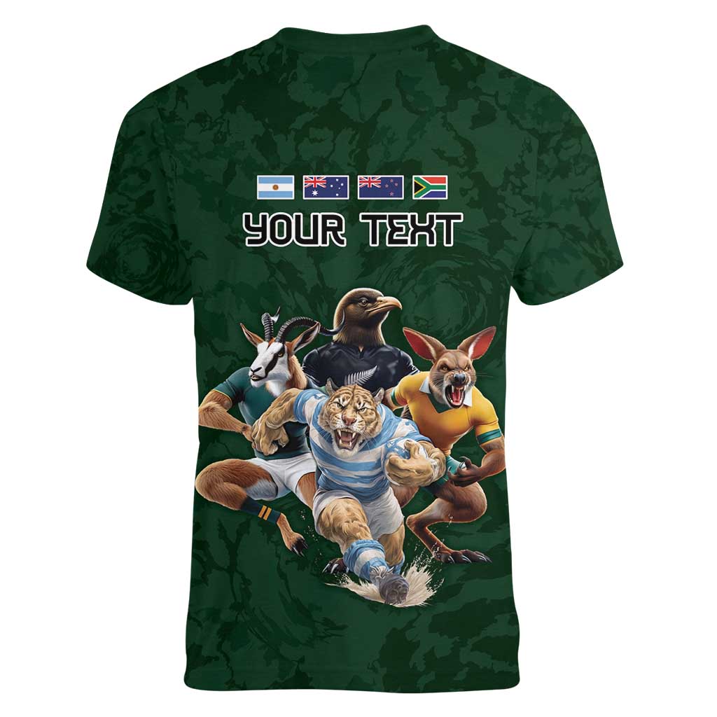 Custom Rugby Southern Hemisphere Women V-Neck T-Shirt Argentina AUNZ South Africa Mascot Green - Polynesian Pride