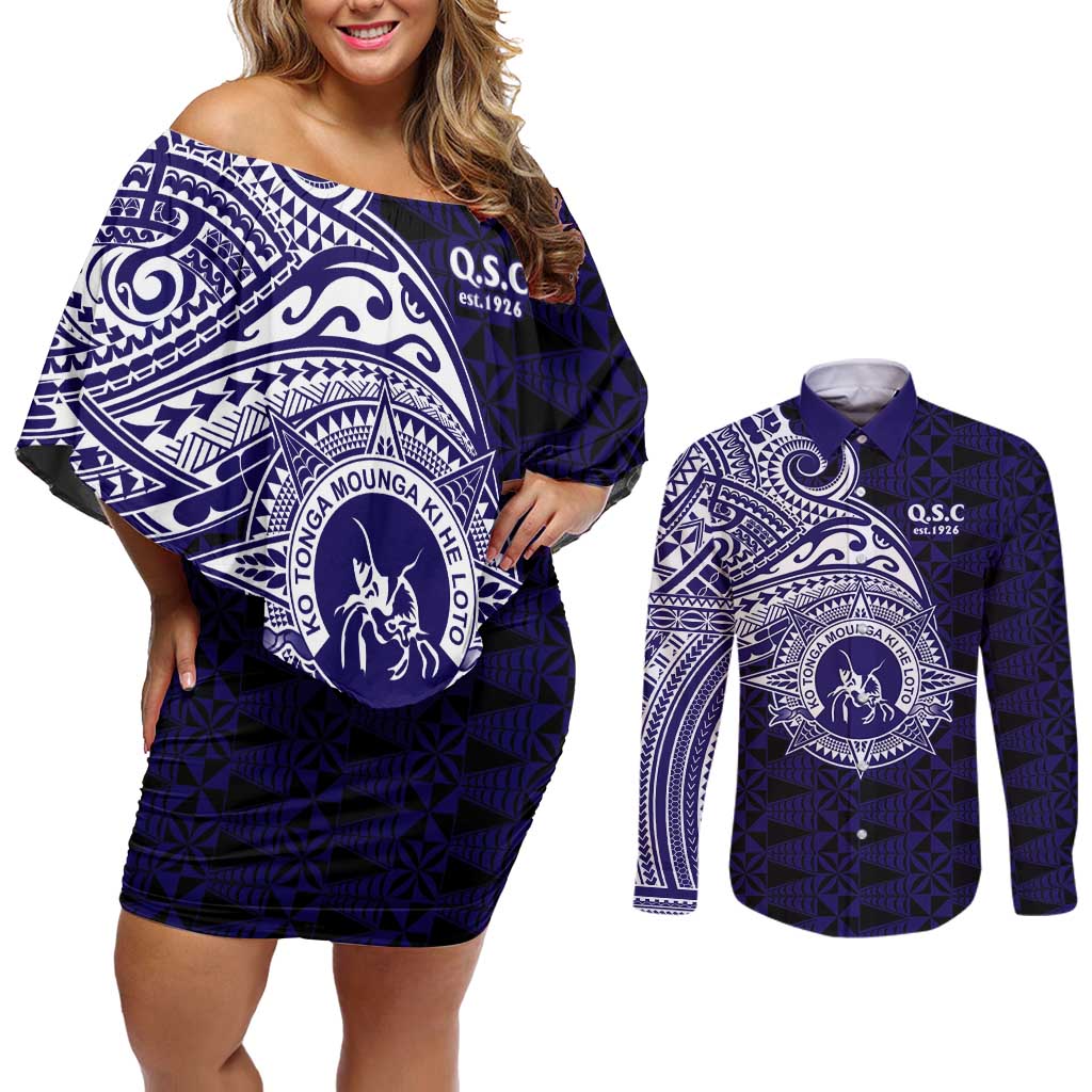 Tonga Queen Salote College 100th Years Couples Matching Off Shoulder Short Dress and Long Sleeve Button Shirt Est 1926 Tongan Ngatu Tapa - Polynesian Pride