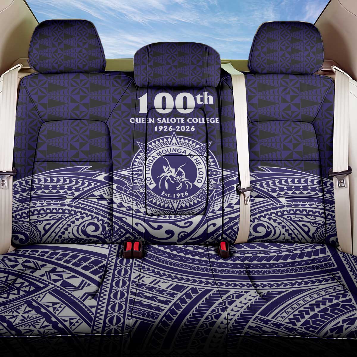 Tonga Queen Salote College 100th Years Back Car Seat Cover Blue Tonga Kupesi Uniquely Pacific Art - Polynesian Pride