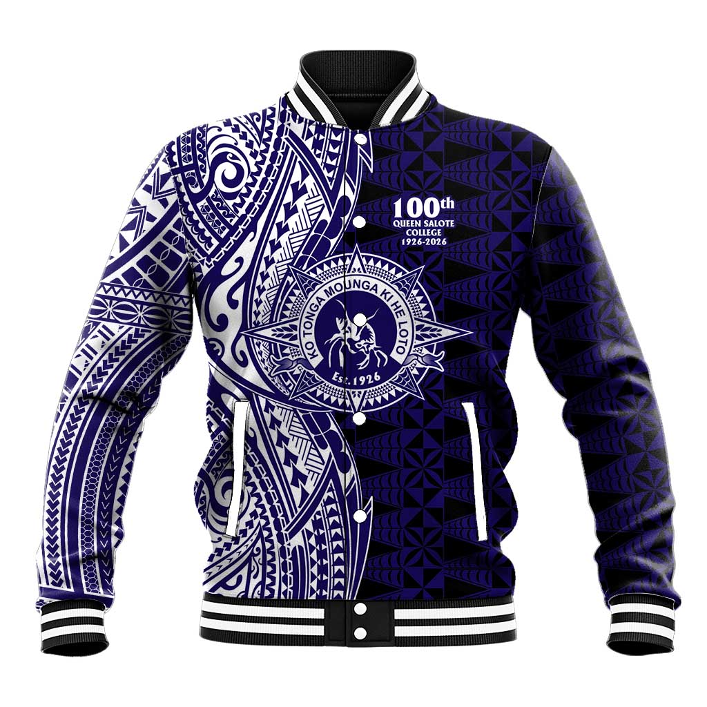 Tonga Queen Salote College 100th Years Baseball Jacket Blue Tonga Kupesi Uniquely Pacific Art - Polynesian Pride