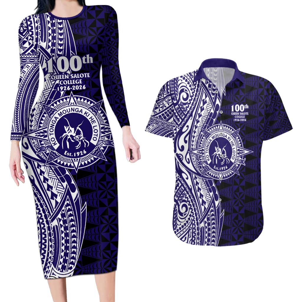 Tonga Queen Salote College 100th Years Couples Matching Long Sleeve Bodycon Dress and Hawaiian Shirt Blue Tonga Kupesi Uniquely Pacific Art - Polynesian Pride