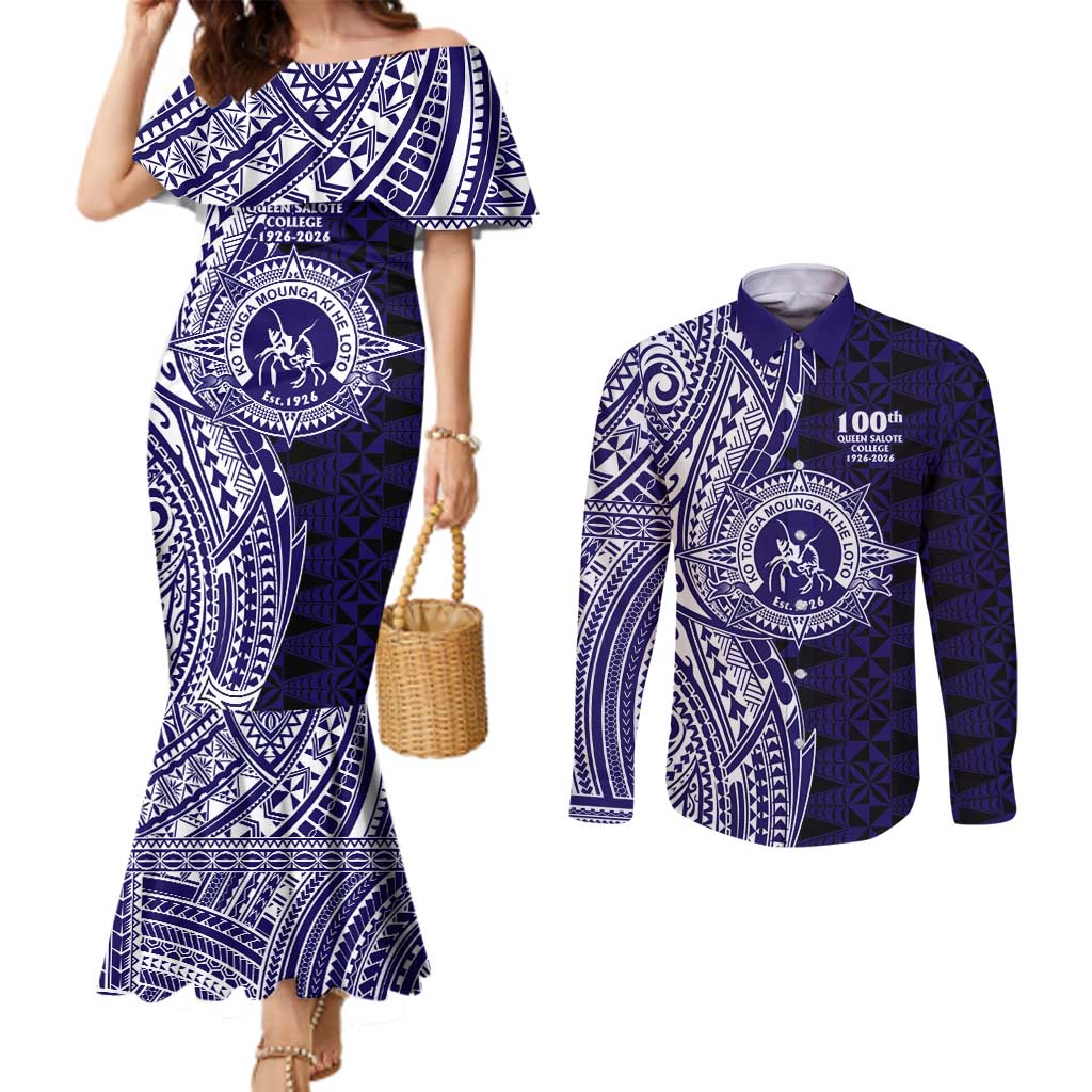 Tonga Queen Salote College 100th Years Couples Matching Mermaid Dress and Long Sleeve Button Shirt Blue Tonga Kupesi Uniquely Pacific Art - Polynesian Pride