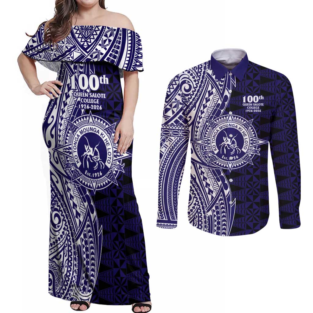 Tonga Queen Salote College 100th Years Couples Matching Off Shoulder Maxi Dress and Long Sleeve Button Shirt Blue Tonga Kupesi Uniquely Pacific Art - Polynesian Pride