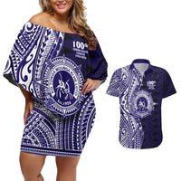 Tonga Queen Salote College 100th Years Couples Matching Off Shoulder Short Dress and Hawaiian Shirt Blue Tonga Kupesi Uniquely Pacific Art - Polynesian Pride