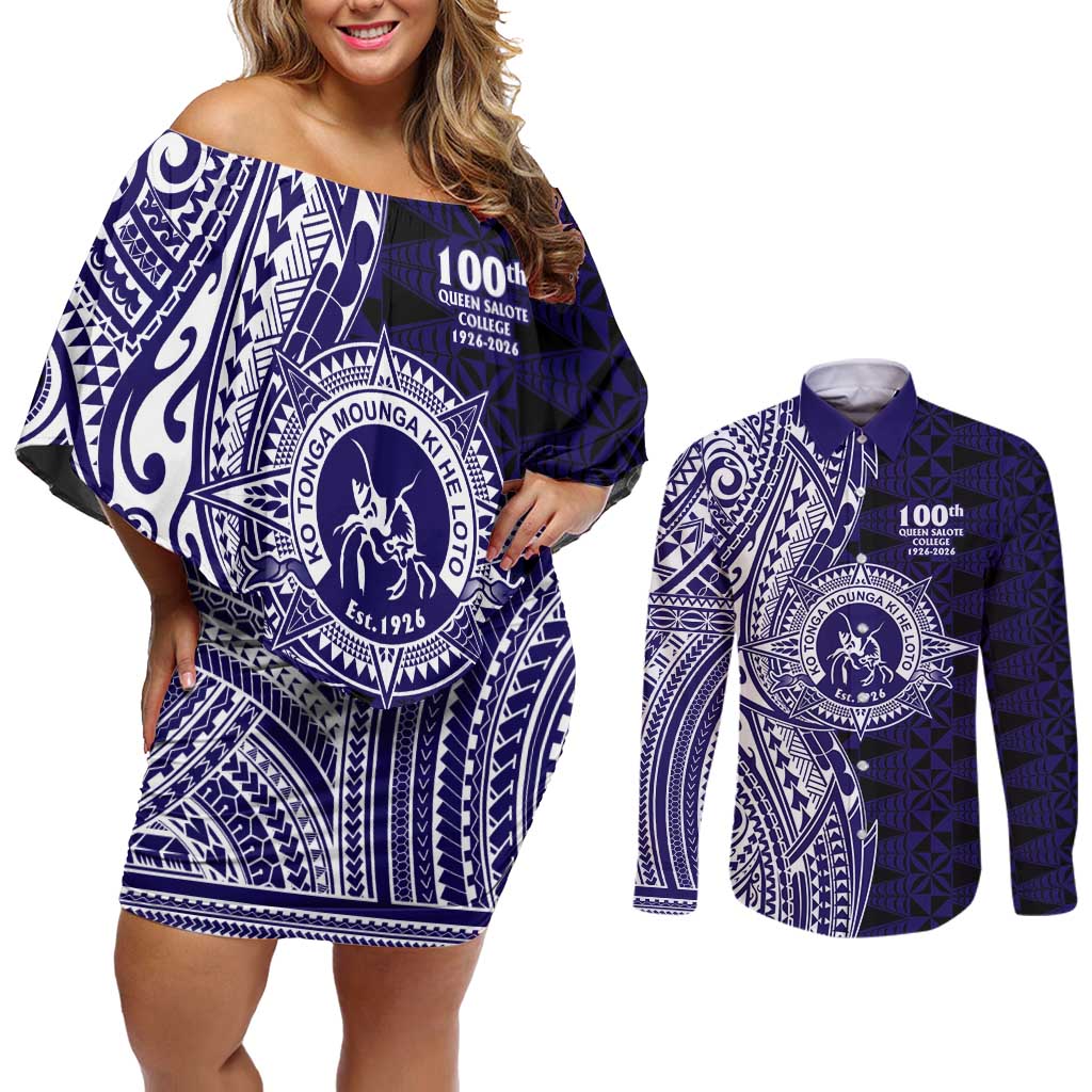 Tonga Queen Salote College 100th Years Couples Matching Off Shoulder Short Dress and Long Sleeve Button Shirt Blue Tonga Kupesi Uniquely Pacific Art - Polynesian Pride