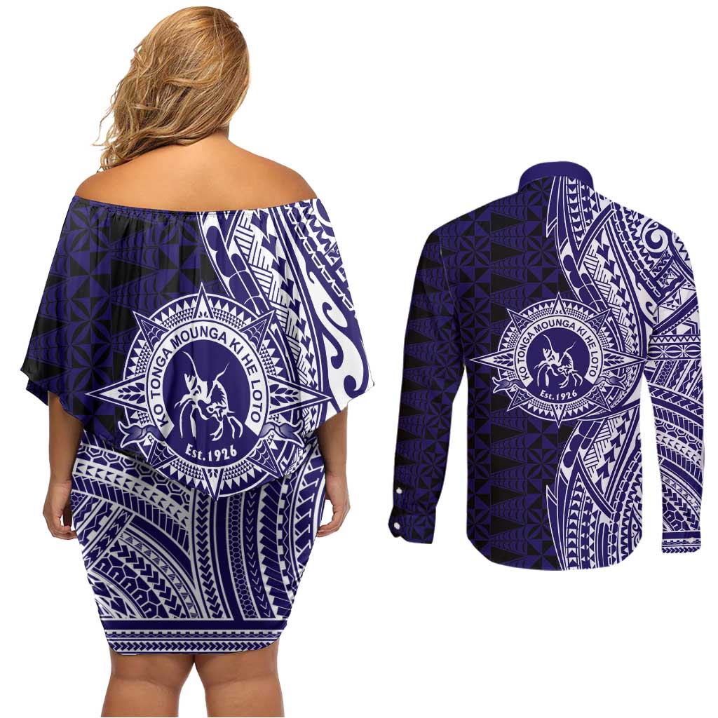 Tonga Queen Salote College 100th Years Couples Matching Off Shoulder Short Dress and Long Sleeve Button Shirt Blue Tonga Kupesi Uniquely Pacific Art - Polynesian Pride