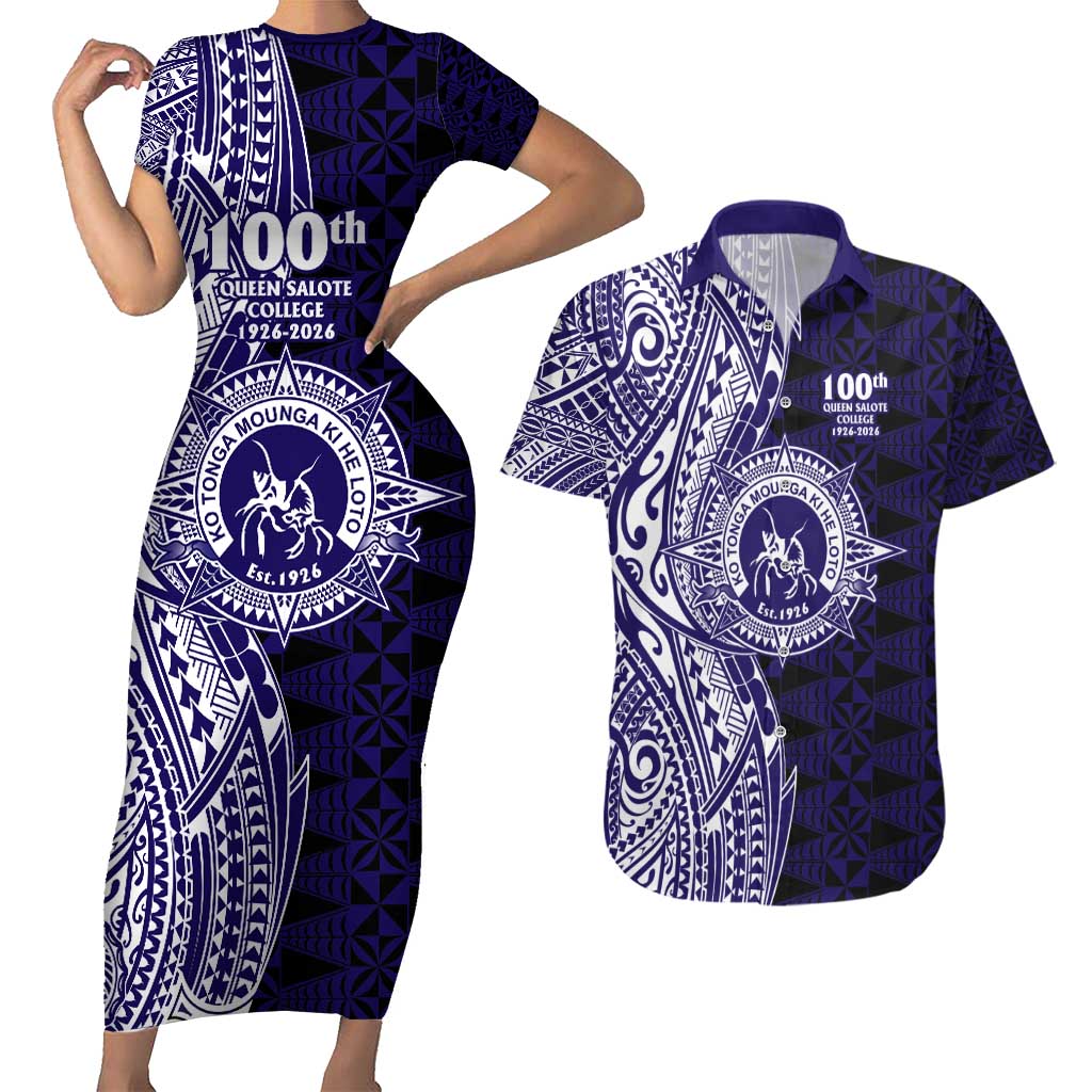 Tonga Queen Salote College 100th Years Couples Matching Short Sleeve Bodycon Dress and Hawaiian Shirt Blue Tonga Kupesi Uniquely Pacific Art - Polynesian Pride