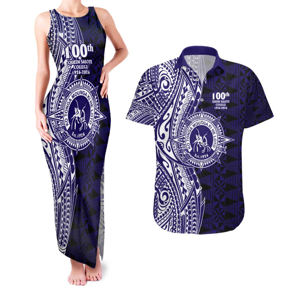 Tonga Queen Salote College 100th Years Couples Matching Tank Maxi Dress and Hawaiian Shirt Blue Tonga Kupesi Uniquely Pacific Art - Polynesian Pride