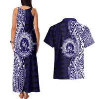 Tonga Queen Salote College 100th Years Couples Matching Tank Maxi Dress and Hawaiian Shirt Blue Tonga Kupesi Uniquely Pacific Art - Polynesian Pride