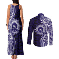 Tonga Queen Salote College 100th Years Couples Matching Tank Maxi Dress and Long Sleeve Button Shirt Blue Tonga Kupesi Uniquely Pacific Art - Polynesian Pride