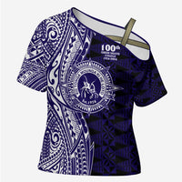 Tonga Queen Salote College 100th Years Cross Shoulder Shirt Blue Tonga Kupesi Uniquely Pacific Art - Polynesian Pride