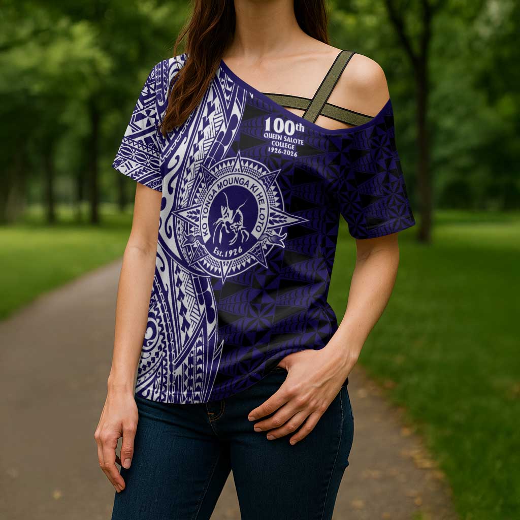 Tonga Queen Salote College 100th Years Cross Shoulder Shirt Blue Tonga Kupesi Uniquely Pacific Art - Polynesian Pride
