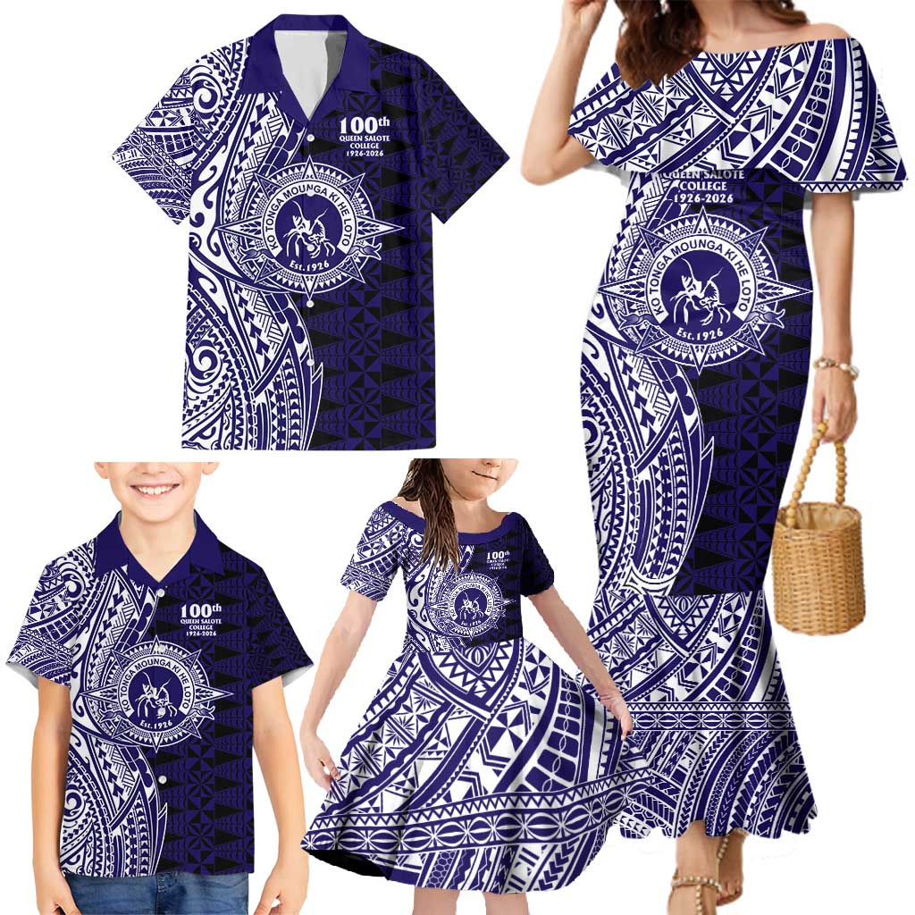 Tonga Queen Salote College 100th Years Family Matching Mermaid Dress and Hawaiian Shirt Blue Tonga Kupesi Uniquely Pacific Art - Polynesian Pride