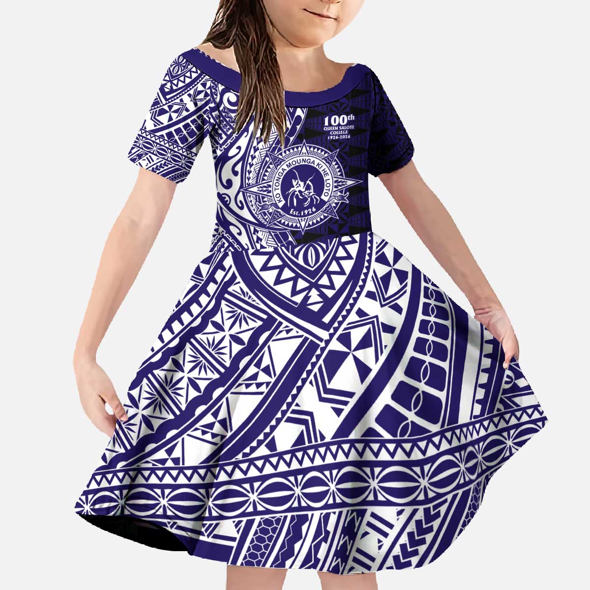 Tonga Queen Salote College 100th Years Family Matching Off The Shoulder Long Sleeve Dress and Hawaiian Shirt Blue Tonga Kupesi Uniquely Pacific Art - Polynesian Pride