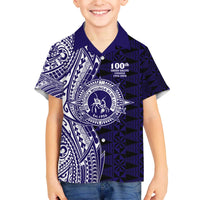 Tonga Queen Salote College 100th Years Family Matching Off The Shoulder Long Sleeve Dress and Hawaiian Shirt Blue Tonga Kupesi Uniquely Pacific Art - Polynesian Pride