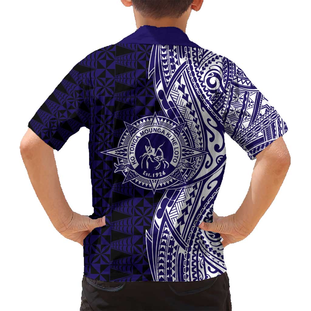 Tonga Queen Salote College 100th Years Family Matching Off Shoulder Short Dress and Hawaiian Shirt Blue Tonga Kupesi Uniquely Pacific Art - Polynesian Pride