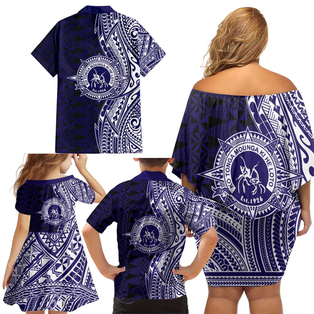 Tonga Queen Salote College 100th Years Family Matching Off Shoulder Short Dress and Hawaiian Shirt Blue Tonga Kupesi Uniquely Pacific Art - Polynesian Pride