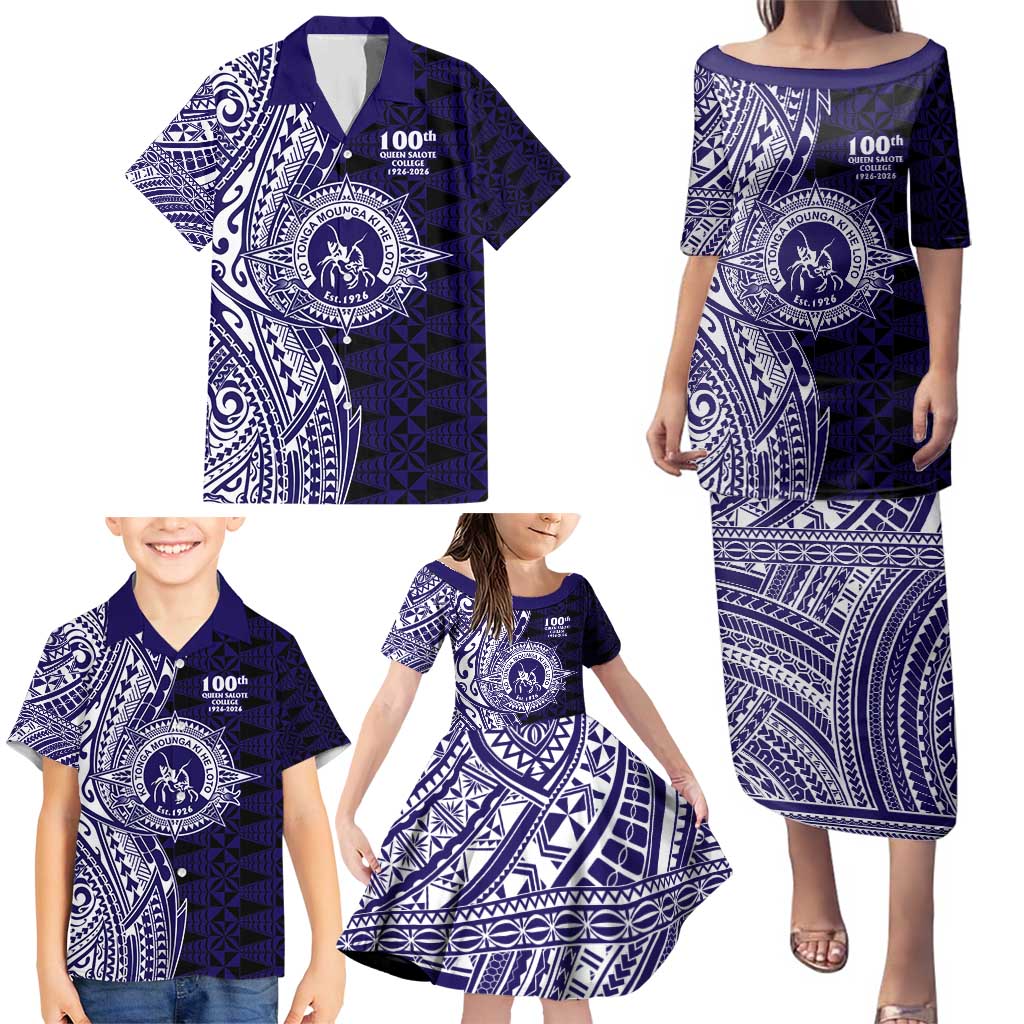 Tonga Queen Salote College 100th Years Family Matching Puletasi and Hawaiian Shirt Blue Tonga Kupesi Uniquely Pacific Art - Polynesian Pride