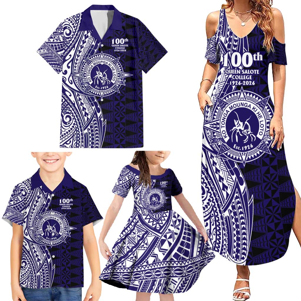 Tonga Queen Salote College 100th Years Family Matching Summer Maxi Dress and Hawaiian Shirt Blue Tonga Kupesi Uniquely Pacific Art - Polynesian Pride