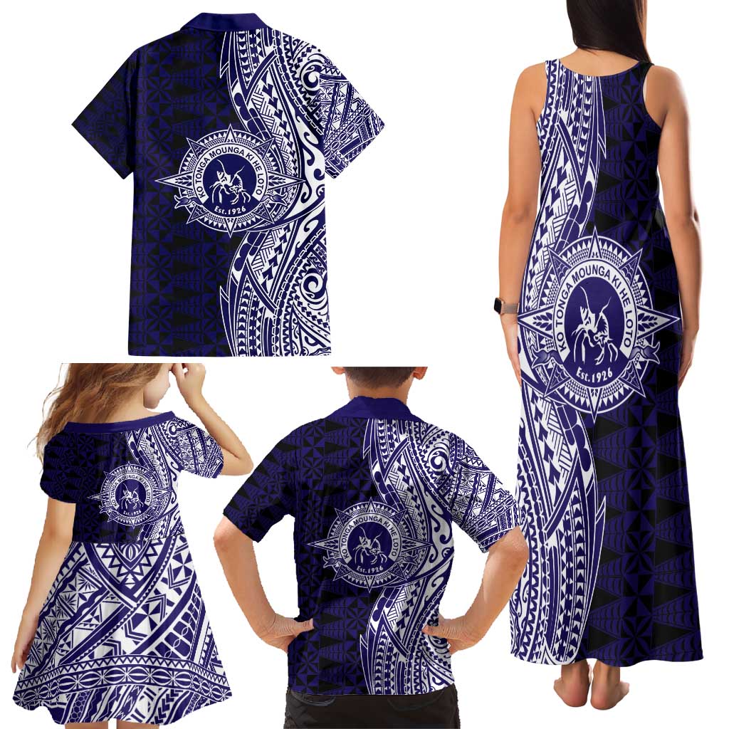 Tonga Queen Salote College 100th Years Family Matching Tank Maxi Dress and Hawaiian Shirt Blue Tonga Kupesi Uniquely Pacific Art - Polynesian Pride